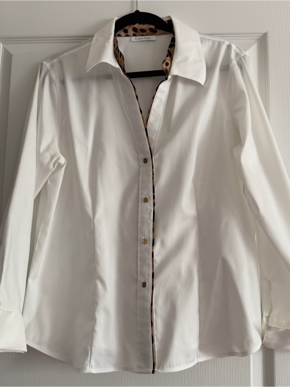 Calvin Klein White Button-Down Shirt with Leopard Trim